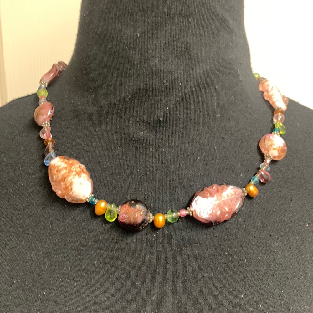 Necklace, molded bead design, Rose, blue, light green, gold beads